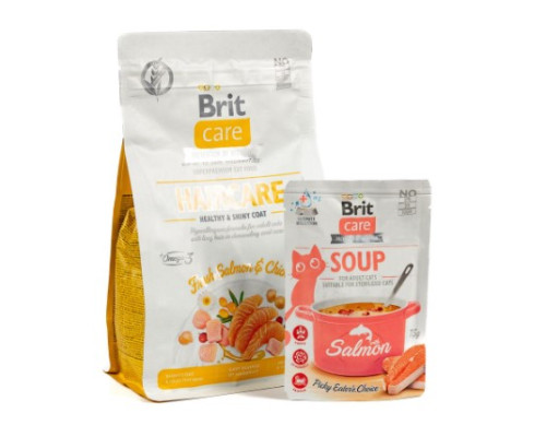 НАБІР Корм сухий Brit Care GF Haircare Healthy and Shiny Coat д/котів д/догляду за шерстю лосось і курка 400 г + суп 75 г НАБІР Корм сухий Brit Care GF Haircare Healthy and Shiny Coat д/котів д/догляду за шерстю лосось і курка 400 г + суп 75 г